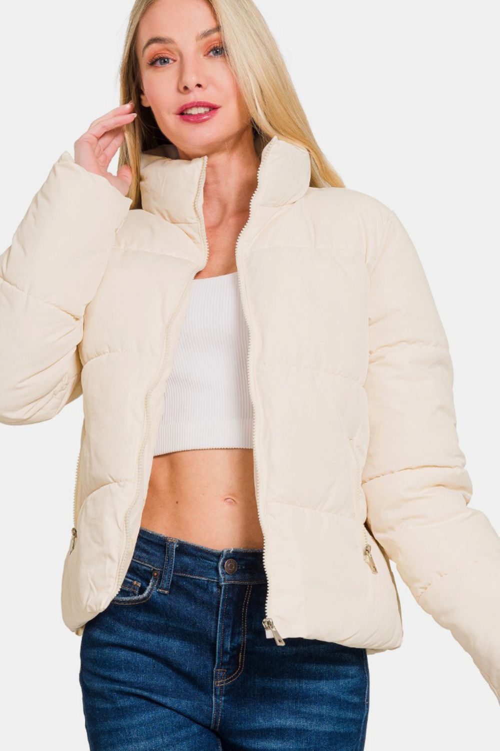 Zenana Zip Up Turtleneck Puffer Jacket with Pockets-Angel Casuals