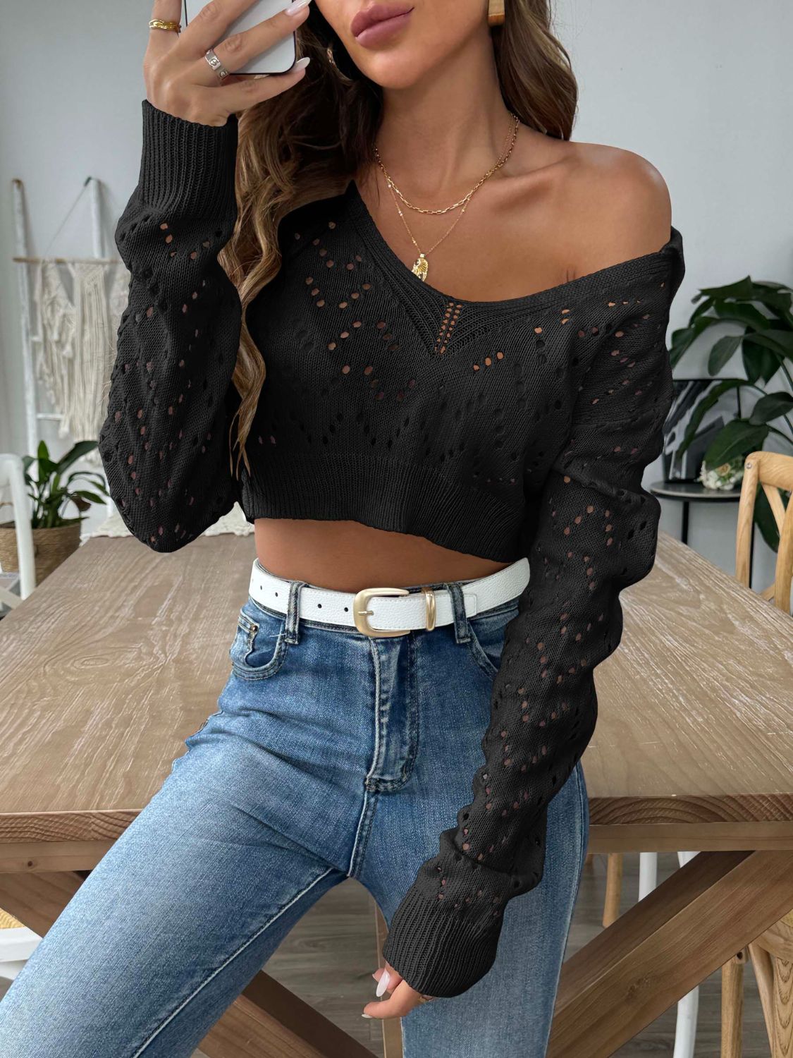 Openwork Collared Neck Long Sleeve Knit Top-Angel Casuals