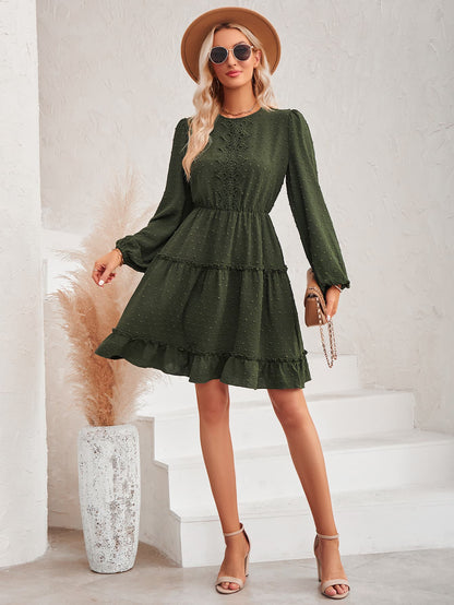 Swiss Dot Lace Trim Balloon Sleeve Dress-Angel Casuals