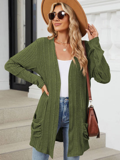 Pocketed Open Front Long Sleeve Cardigan-Angel Casuals