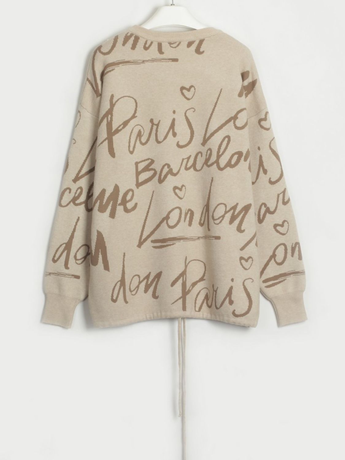 Drawstring Hem Letter Pattern Round Neck Dropped Shoulder Sweater-Angel Casuals