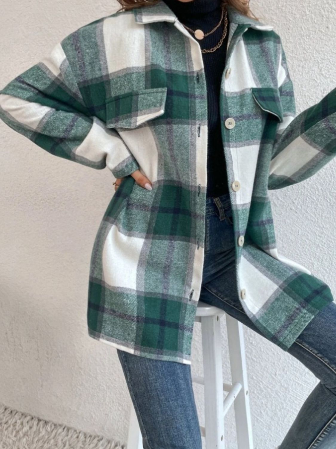 Plaid Collared Neck Dropped Shoulder Shacket-Angel Casuals