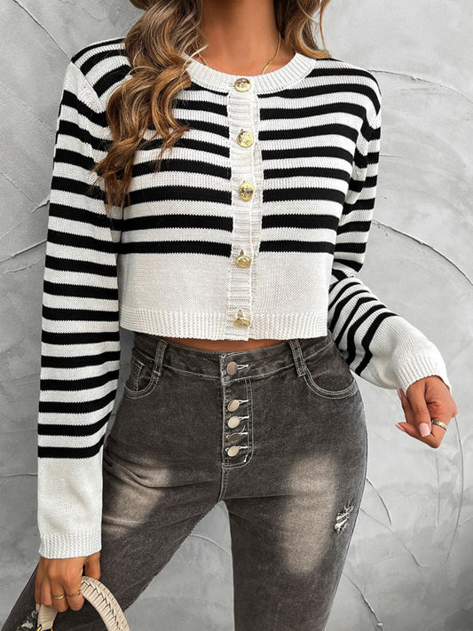 Devine Striped Round Neck Button Down Cardigan-Angel Casuals