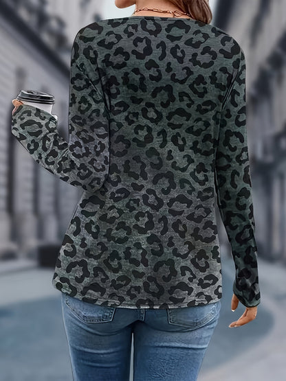 Leopard V-Neck Long Sleeve T-Shirt-Angel Casuals