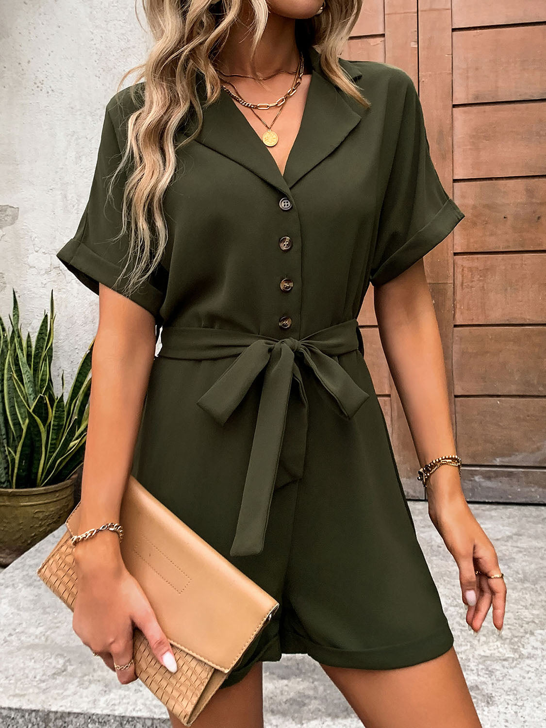 Half Button Tie Waist Short Sleeve Romper-Angel Casuals