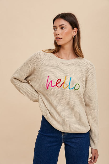 Annie Wear HELLO Embroidered Raglan Sleeve Sweater-Angel Casuals