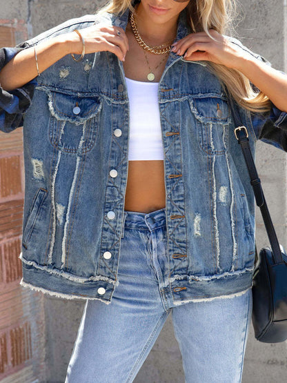 Raw Hem Plaid Sleeve Denim Jacket-Angel Casuals