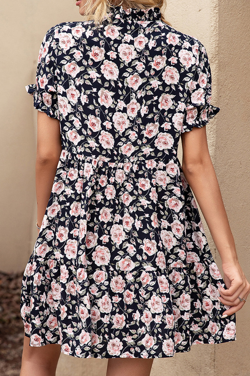 Floral Ruffle Trim Tie-Neck Dress-Angel Casuals