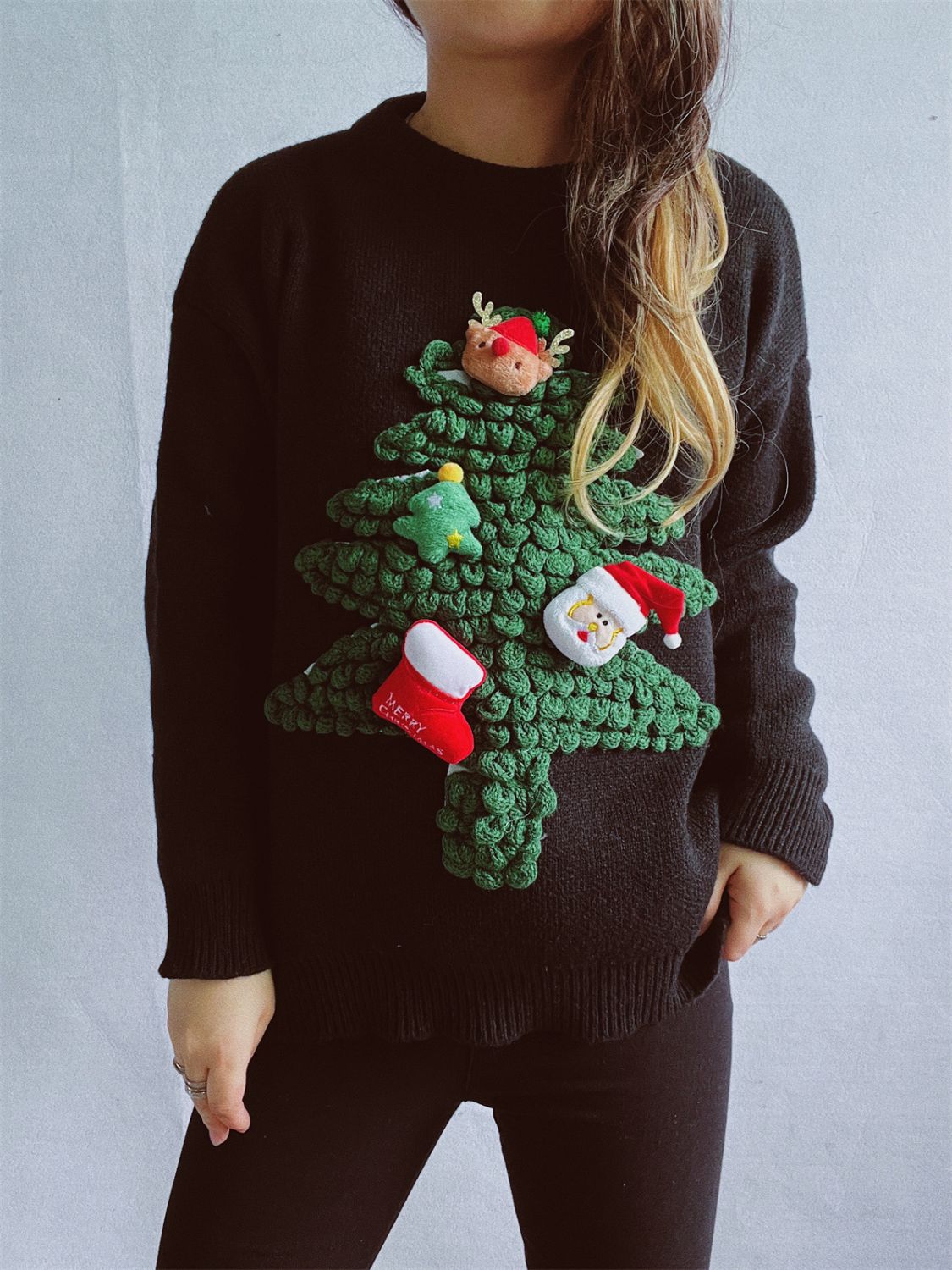 Christmas Tree Round Neck Long Sleeve Sweater-Angel Casuals