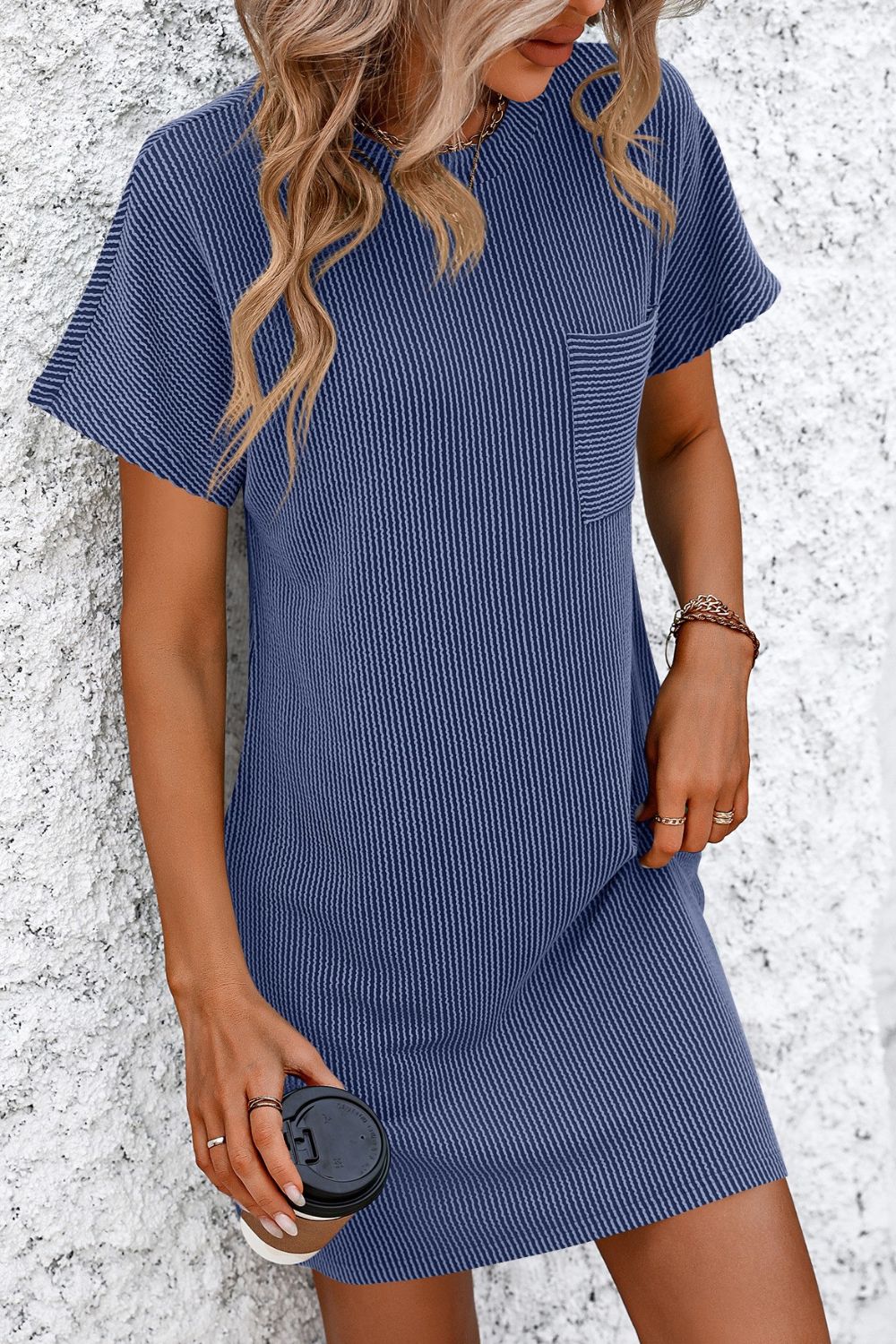 Ribbed Striped Short Sleeve Mini Tee Dress-Angel Casuals