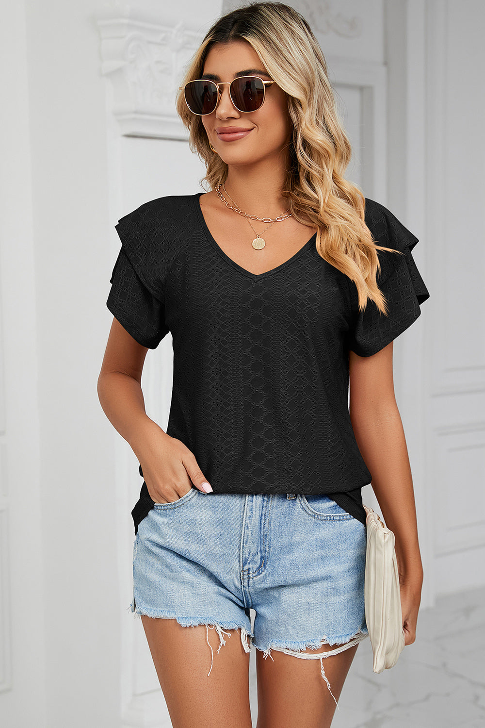 Eyelet V-Neck Short Sleeve T-Shirt-Angel Casuals