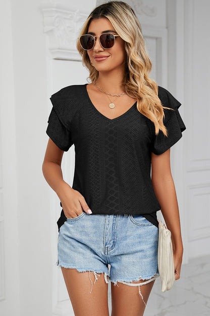 Eyelet V-Neck Short Sleeve T-Shirt-Angel Casuals