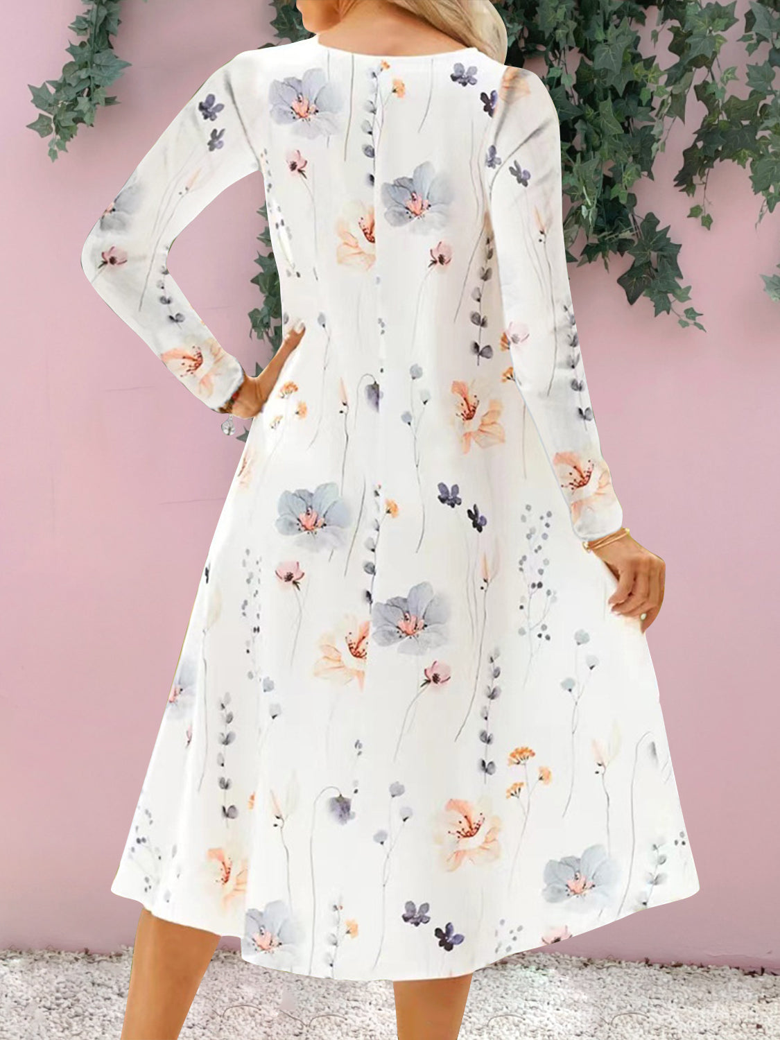 Floral Notched Long Sleeve Midi Dress-Angel Casuals