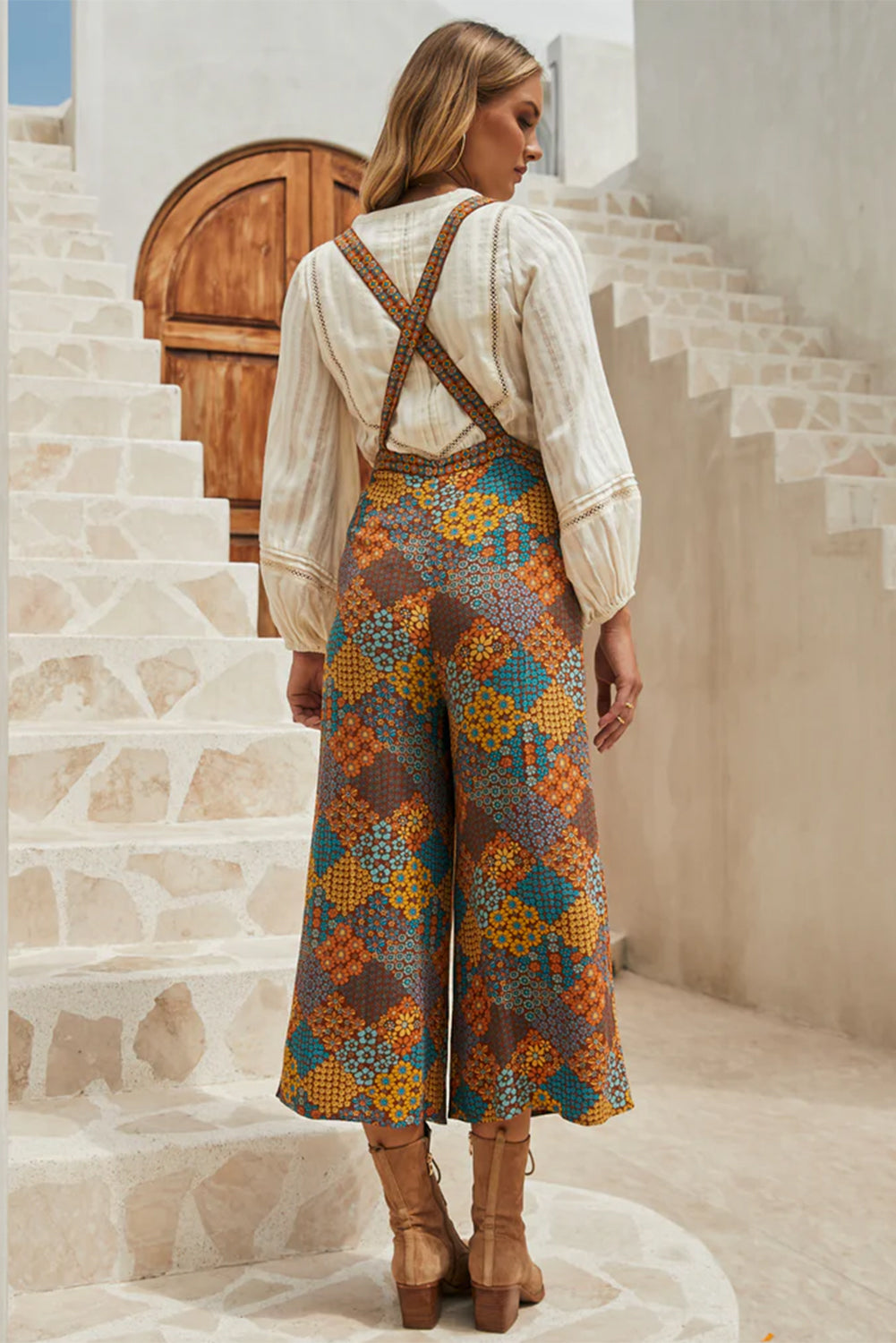Floral Crisscross Strap Wide Leg Overalls-Angel Casuals