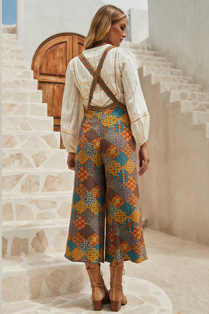 Floral Crisscross Strap Wide Leg Overalls-Angel Casuals