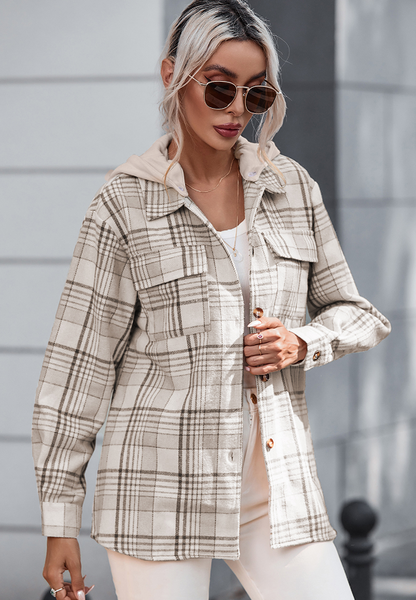 Plaid Removable Hood Button Up Shacket-Angel Casuals