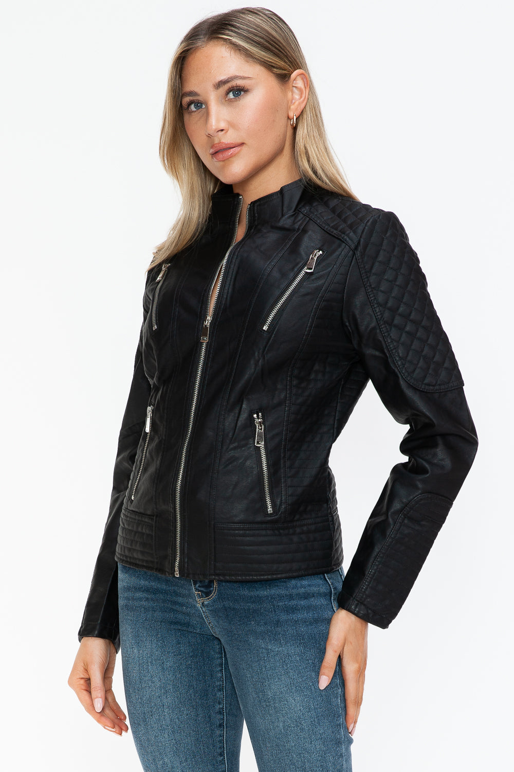 Snobbish Faux Leather Zip Up Mock Neck Jacket-Angel Casuals