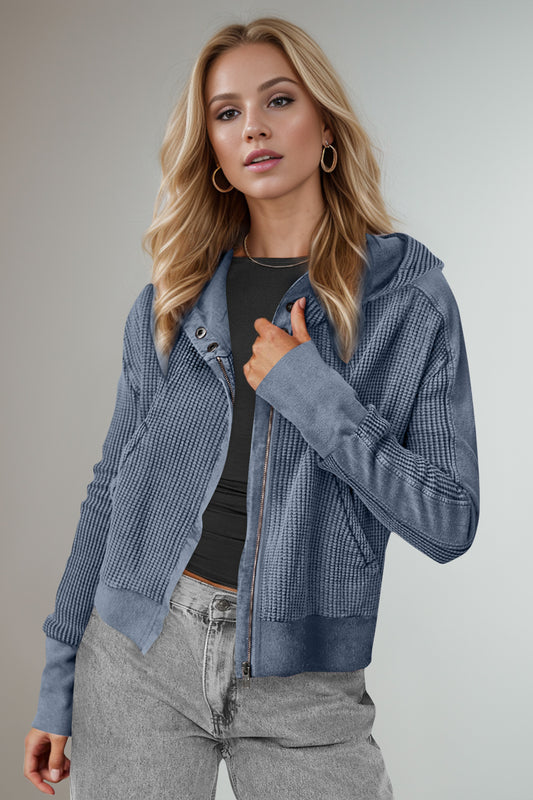 Double Take Waffle-Knit Zip Up Long Sleeve Hooded Jacket-Angel Casuals