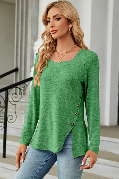 Slit Decorative Button Square Neck T-Shirt-Angel Casuals