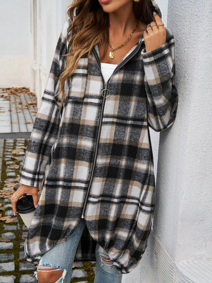 Devine Plaid Zip Up Hooded Coat-Angel Casuals