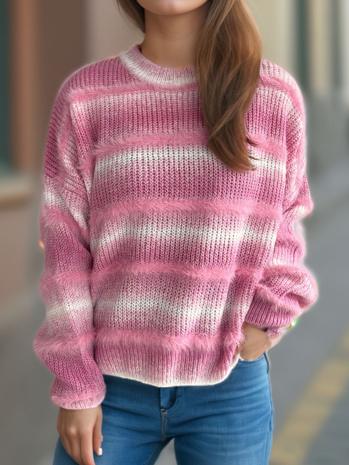 Gradient Round Neck Dropped Shoulder Sweater-Angel Casuals