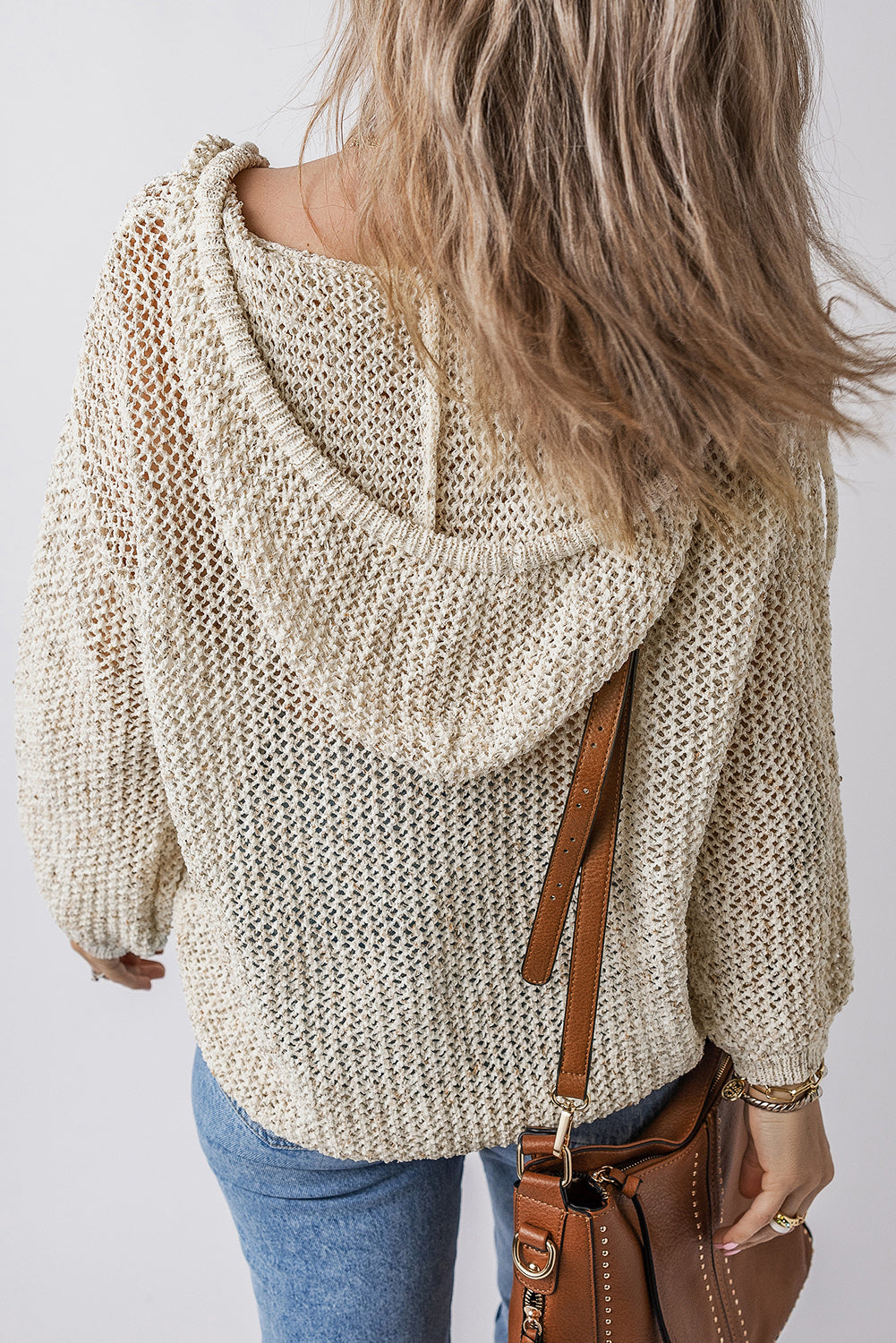 Openwork Dropped Shoulder Hooded Knit Top-Angel Casuals