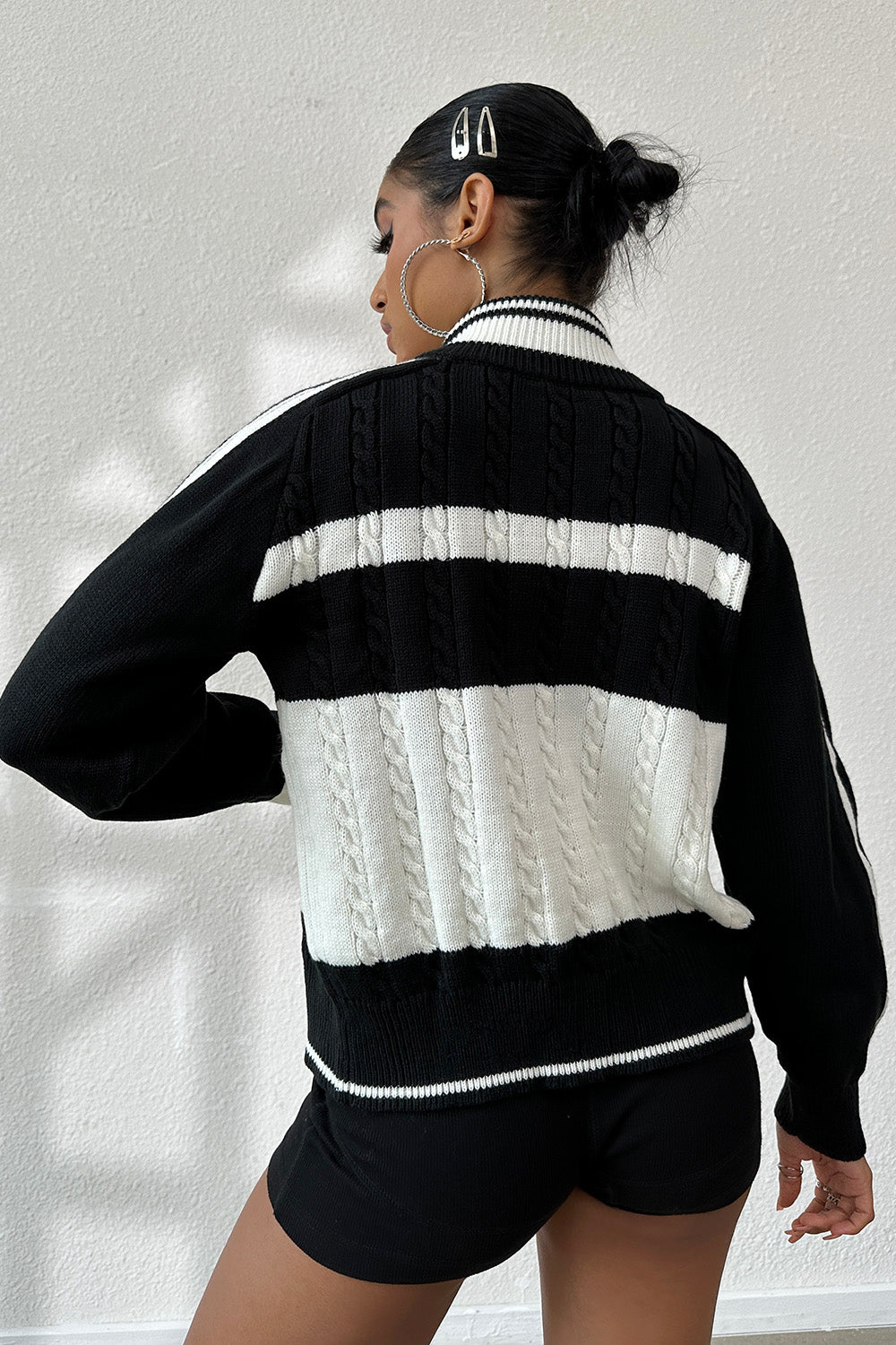 Cable-Knit Color Block Raglan Sleeve Cardigan-Angel Casuals