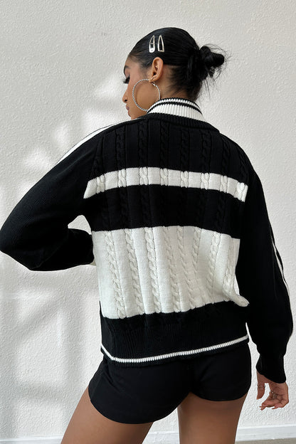 Cable-Knit Color Block Raglan Sleeve Cardigan-Angel Casuals