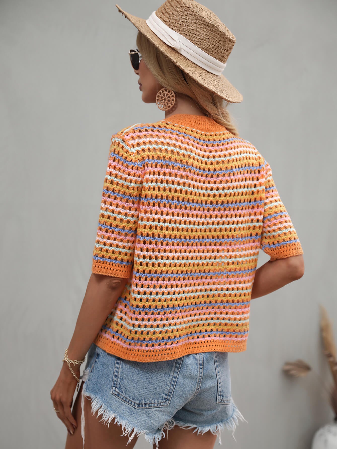 Striped Openwork Half Sleeve Knit Top-Angel Casuals