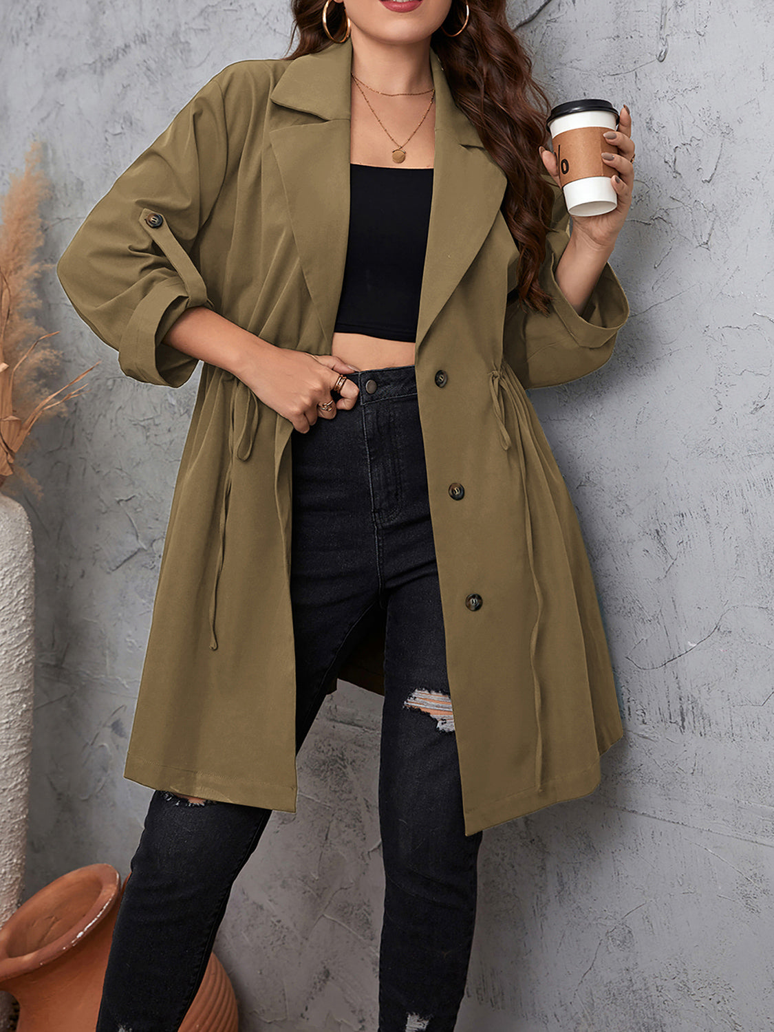 Honey Plus Size Lapel Collar Drawstring Roll-Tab Sleeve Trench Coat-Angel Casuals