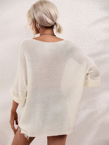 Boat Neck Cuffed Sleeve Slit Tunic Knit Top-Angel Casuals