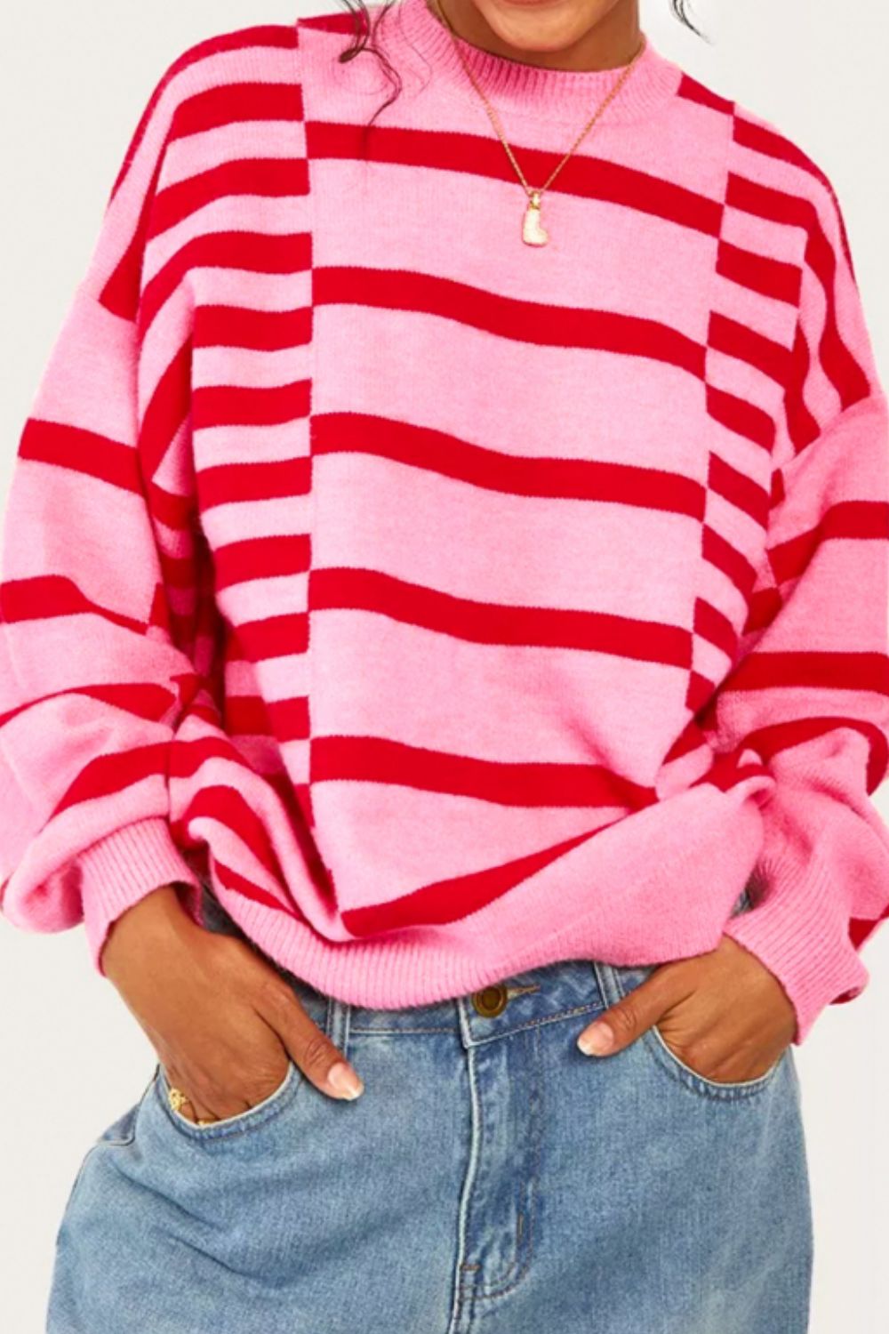 Striped Round Neck Dropped Shoulder Sweater-Angel Casuals