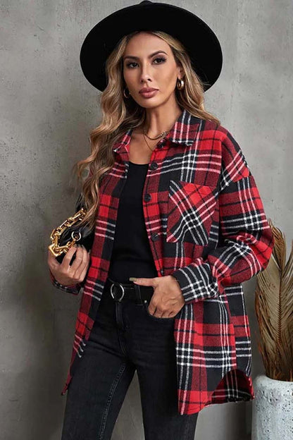 Plaid Collared Neck Button Up Jacket with Pockets-Angel Casuals