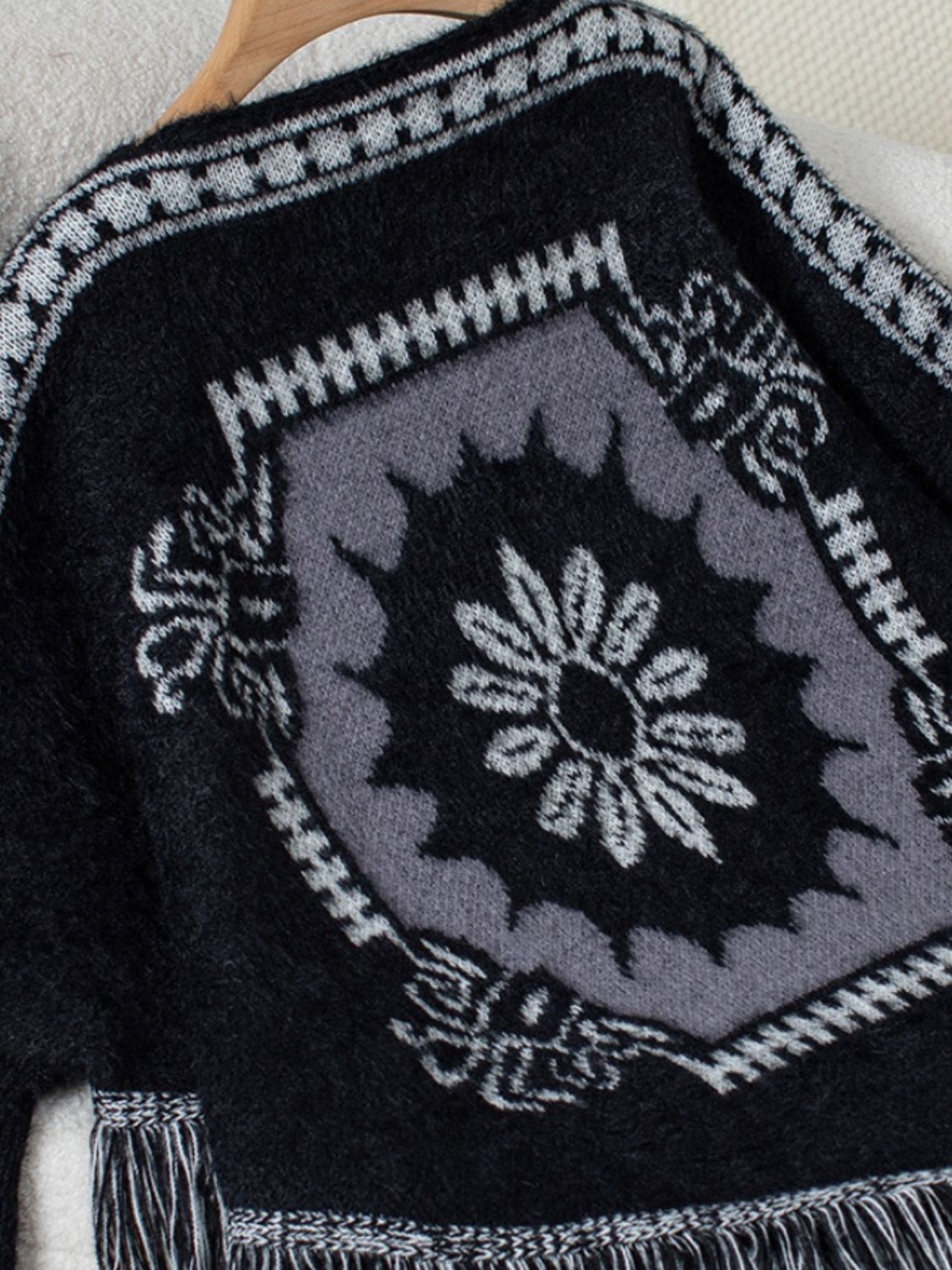 Fringe Geometric Long Sleeve Poncho-Angel Casuals