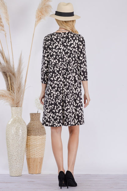 Celeste Full Size Leopard Three-Quarter Sleeve Dress with Pockets-Angel Casuals