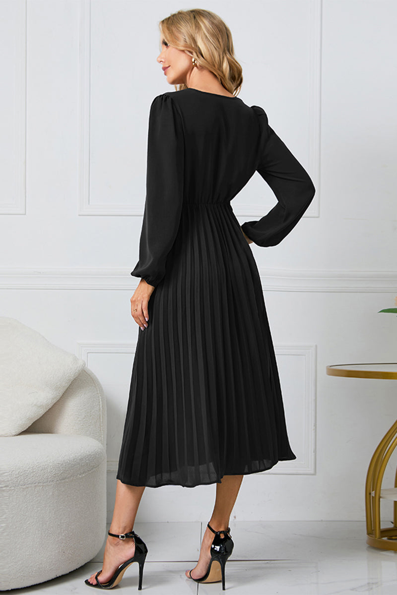 V-Neck Long Sleeve Tie Waist Midi Dress-Angel Casuals