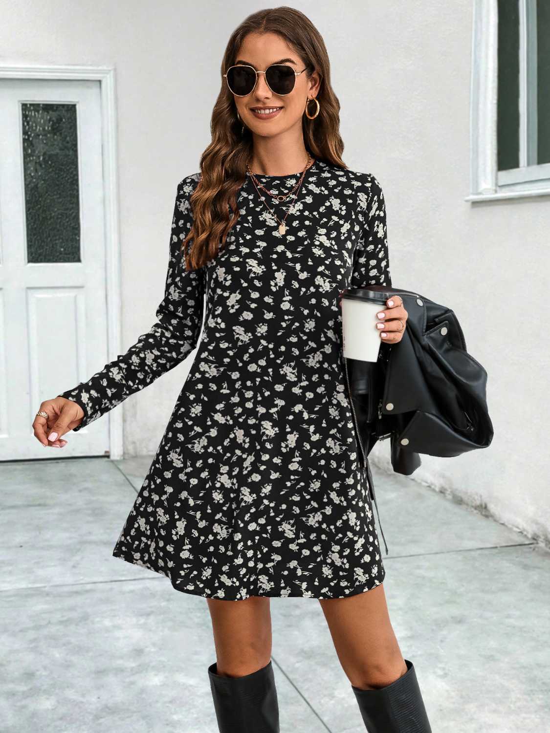 Round Neck Long Sleeve Mini Dress-Angel Casuals