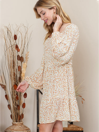 Printed Square Neck Long Sleeve Smocked Dress-Angel Casuals