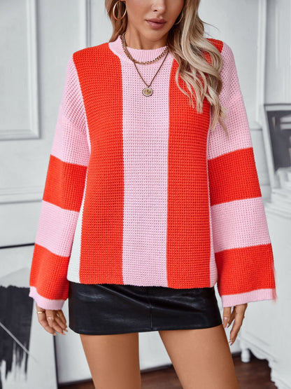 Color Block Round Neck Long Sleeve Sweater-Angel Casuals