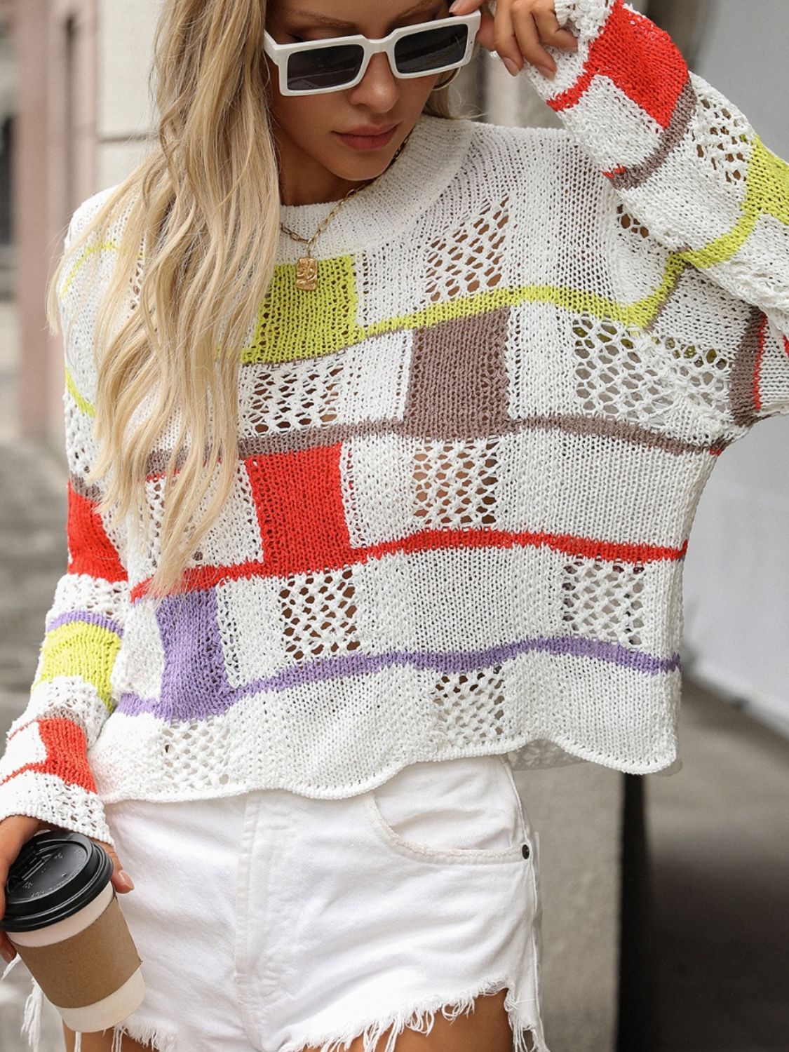 Openwork Color Block Round Neck Sweater-Angel Casuals