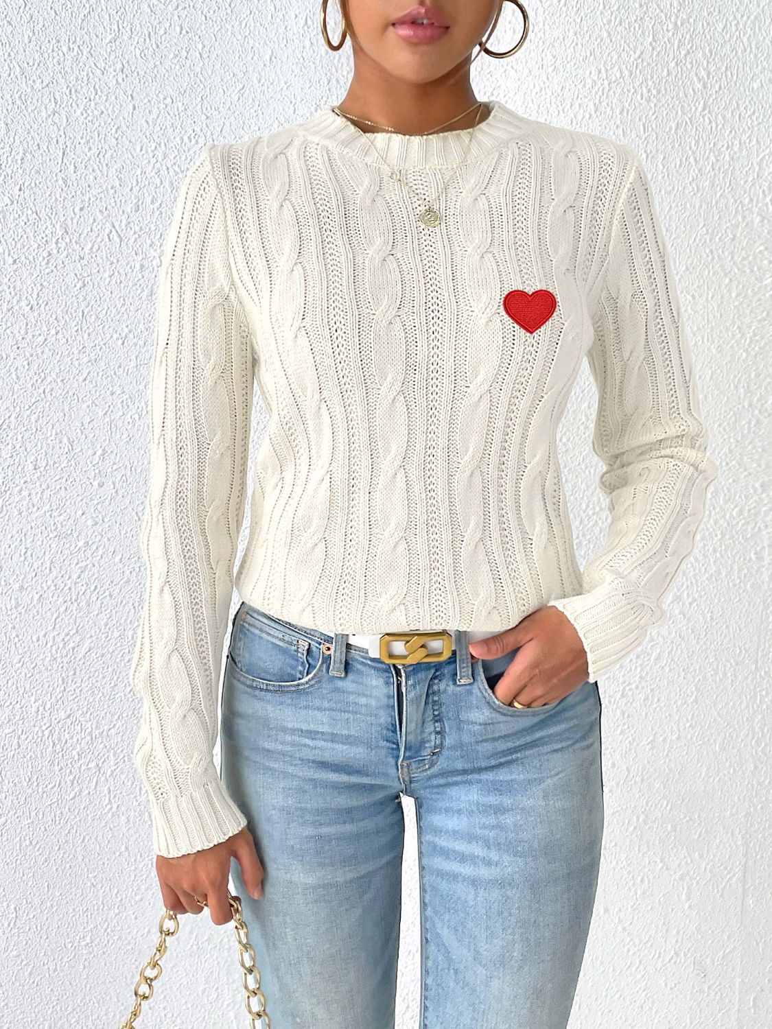Cable-Knit Heart Round Neck Long Sleeve Sweater-Angel Casuals