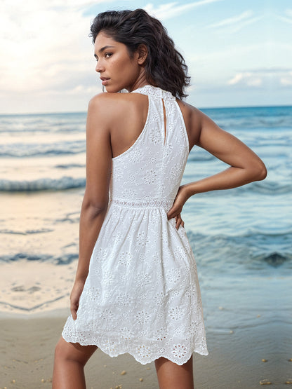 Eyelet Grecian Neck Mini Dress-Angel Casuals