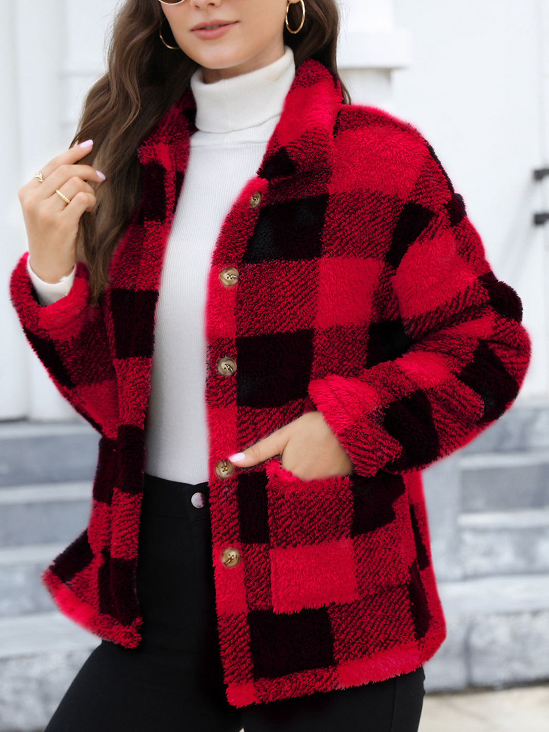 Button Up Drop Shoulder Fuzzy Jacket-Angel Casuals
