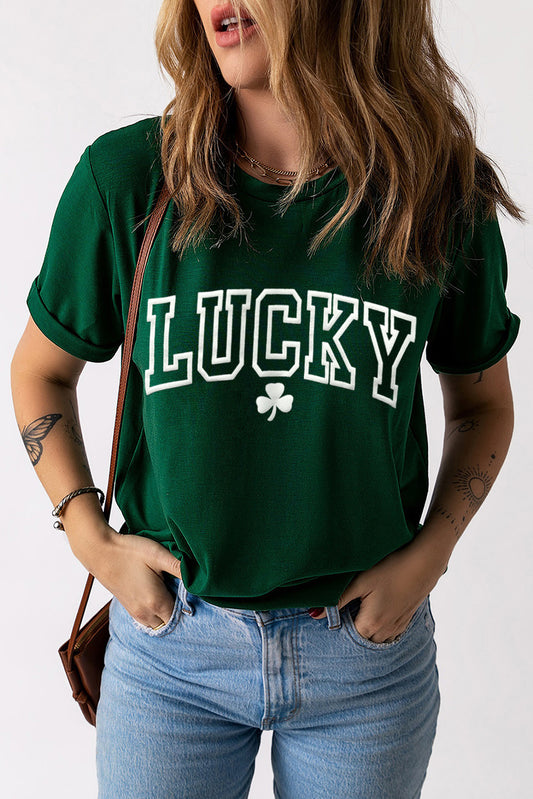 LUCKY Round Neck Short Sleeve T-Shirt-Angel Casuals