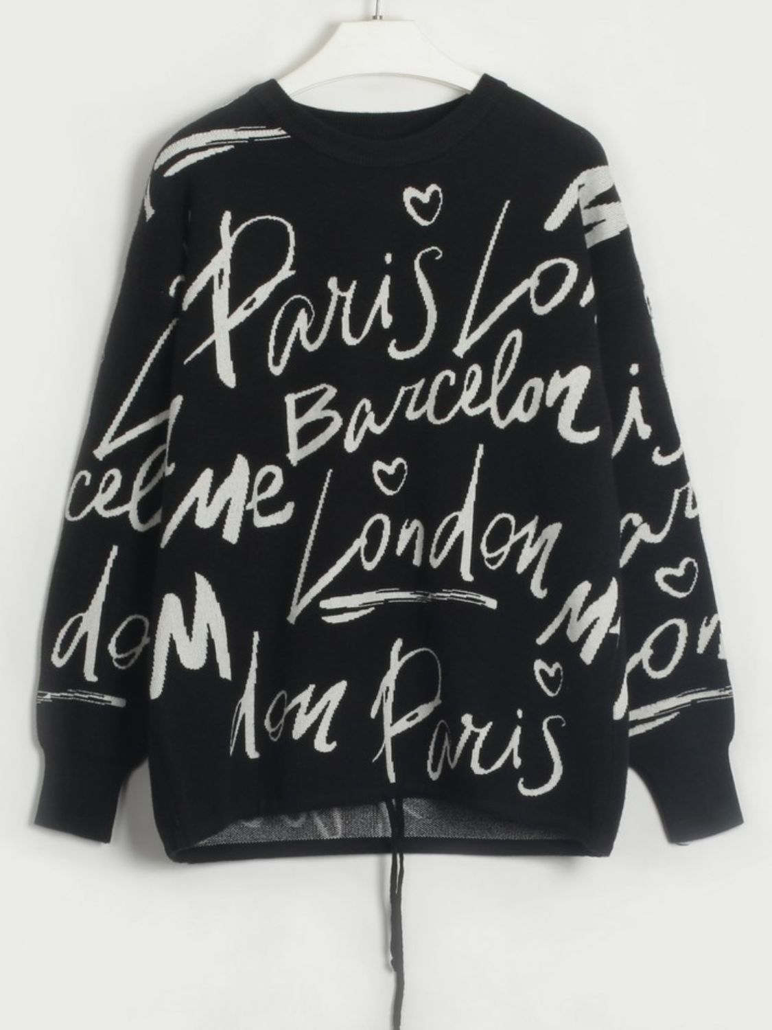 Drawstring Hem Letter Pattern Round Neck Dropped Shoulder Sweater-Angel Casuals