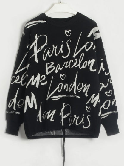 Drawstring Hem Letter Pattern Round Neck Dropped Shoulder Sweater-Angel Casuals
