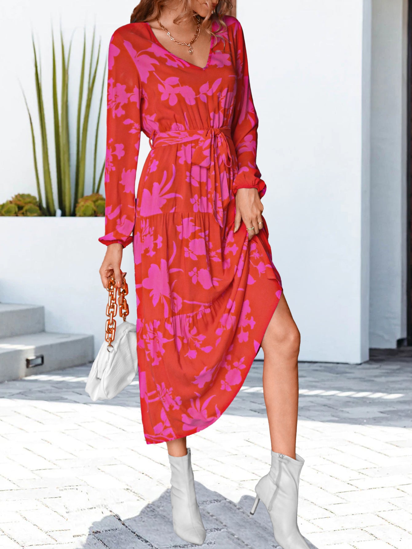 Floral V-Neck Long Sleeve Dress-Angel Casuals