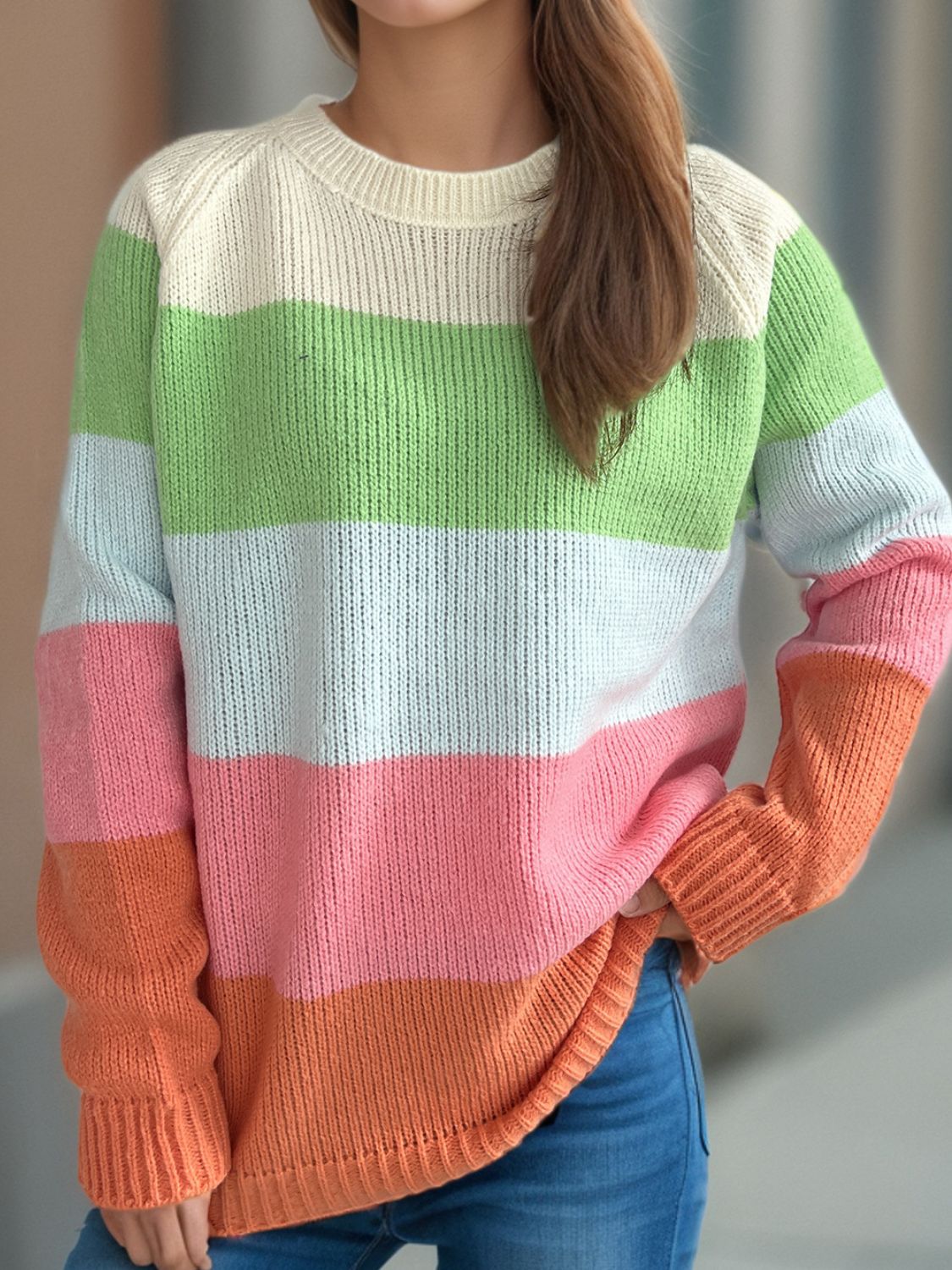 Color Block Round Neck Long Sleeve Sweater-Angel Casuals