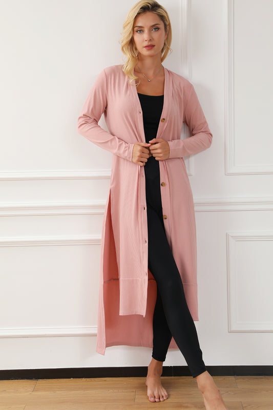 Button Up High-Low Long Sleeve Slit Cardigan-Angel Casuals