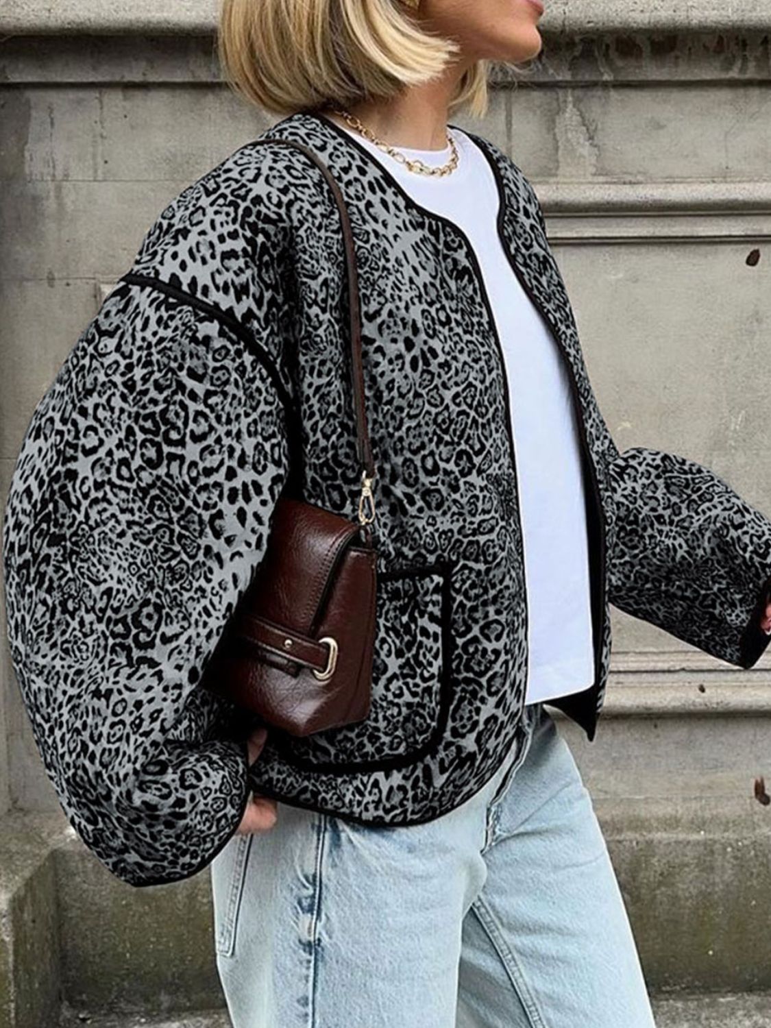 Perfee Leopard Open Front Long Sleeve Jacket-Angel Casuals